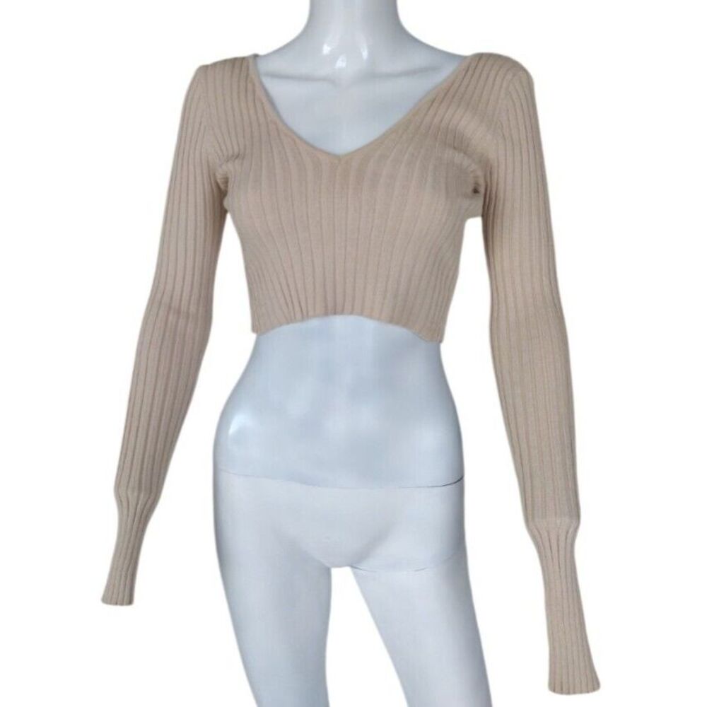 Hera collection Crop Top Sweater Women M juniors Beige Ribbed Long Sleeve School